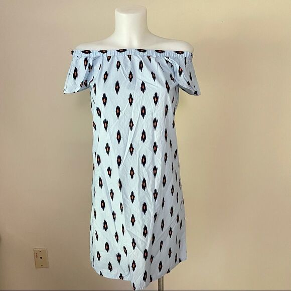J. Crew Factory Dresses & Skirts - J Crew Factory IKat Off Shoulder Shift Mini Dress blue Cotton Women’s Size XXS